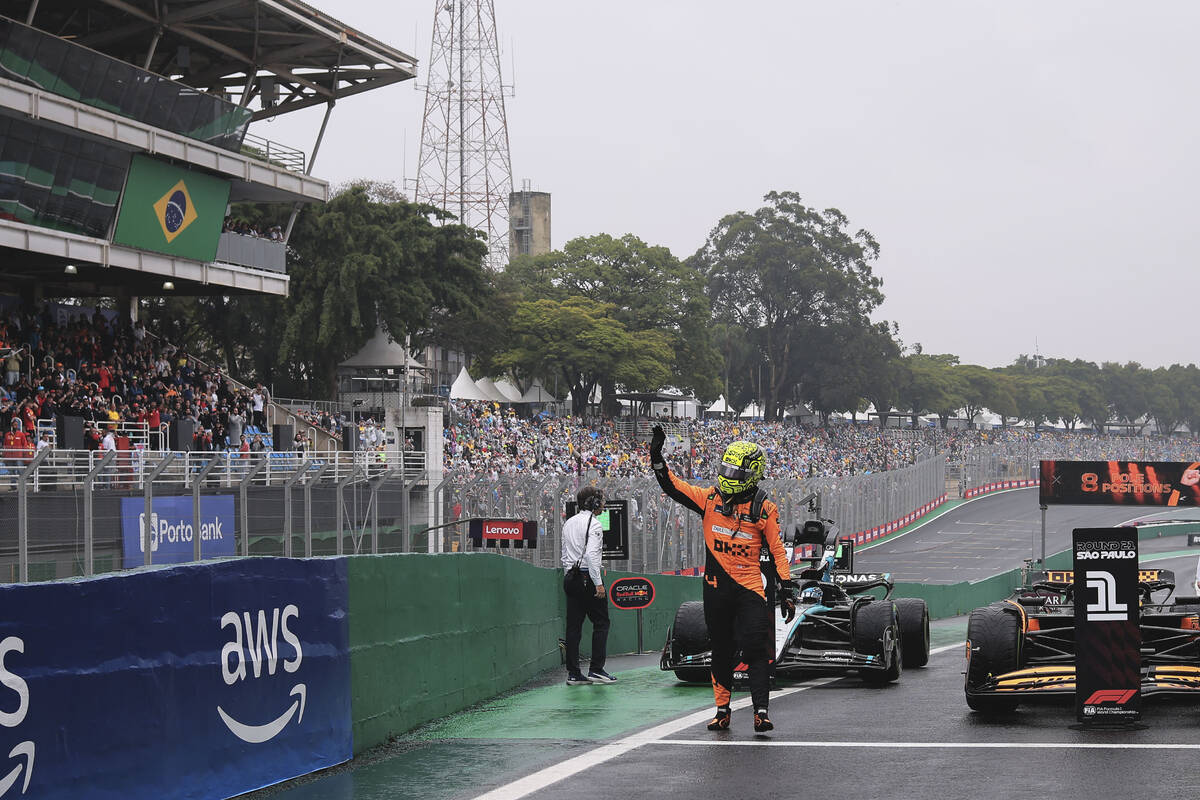 Pole position winner, McLaren driver Lando Norris of Britain, celebrates after the qualifying s ...