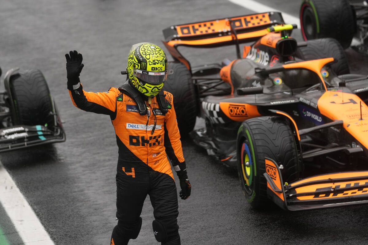 Pole position winner, McLaren driver Lando Norris of Britain, celebrates after the qualifying s ...