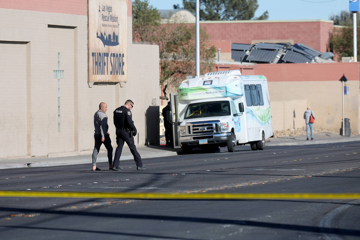 Las Vegas police investigate the scene of a crash involving a pedestrian and semi-truck on West ...