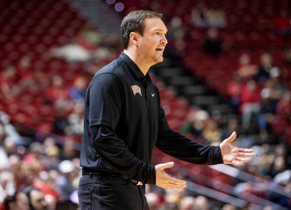 UNLV head coach Kevin Kruger yells during the college basketball game against the Omaha Maveric ...