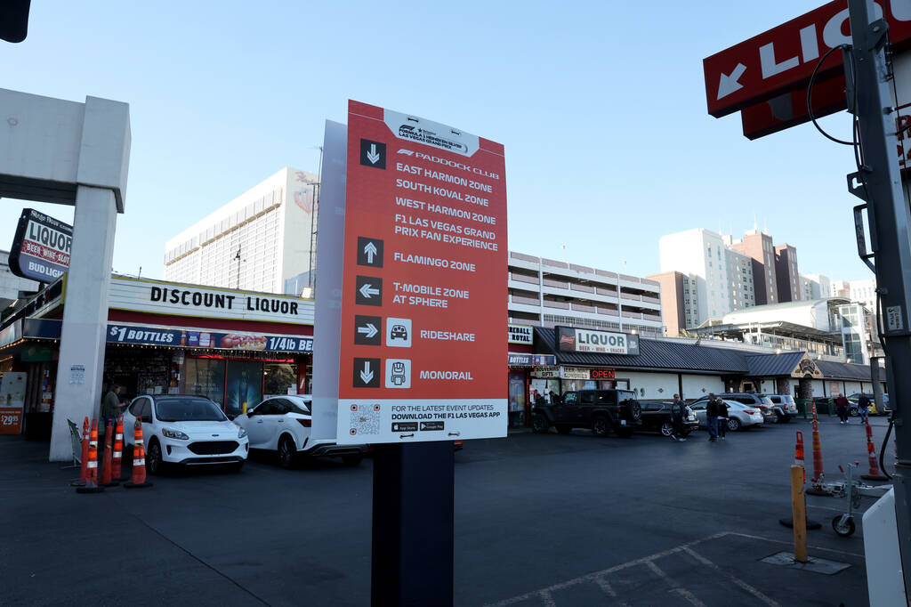 A Formula 1 Las Vegas Grand Prix sign is shown at the corner of Flamingo Road and Linq Lane in ...