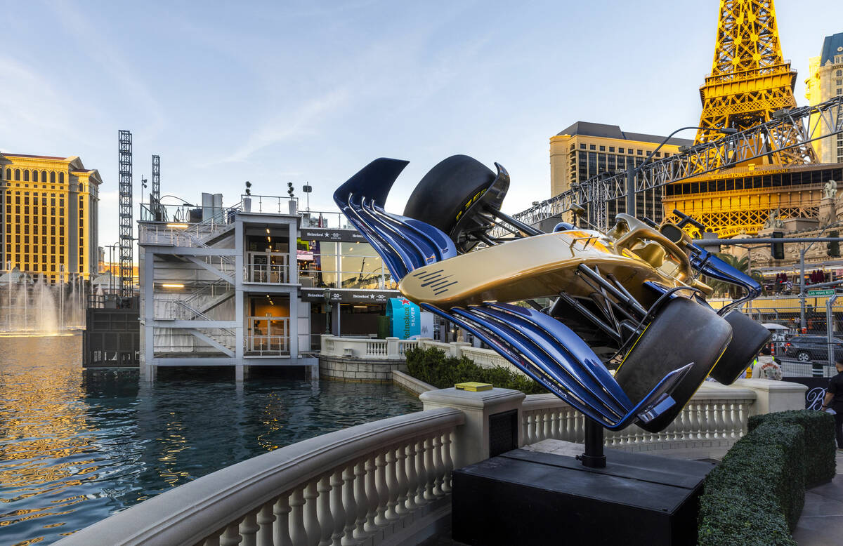 The MGM Formula 1 car is on display outside the Bellagio Fountain Club preparing for the Formul ...