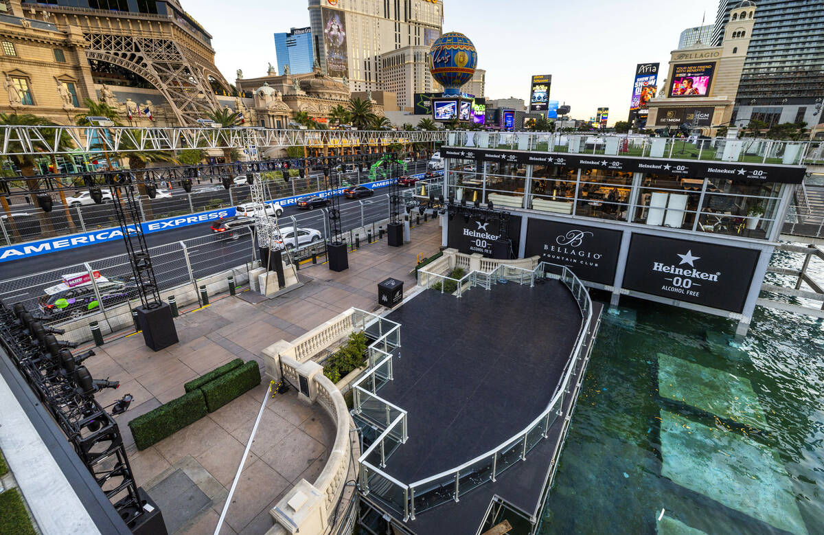 View from the second floor of the Bellagio Fountain Club with a stage for race winners and insi ...