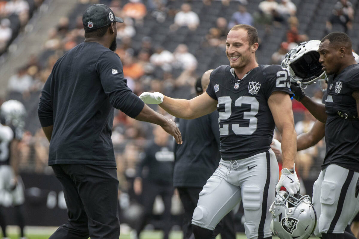 Raiders running back Dylan Laube (23) before an NFL game against the Cleveland Browns at Allegi ...