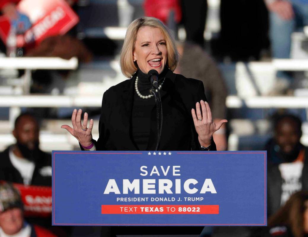 Texas state Sen. Dawn Buckingham speaks during the Save America Rally, Jan. 29, 2022, in Conroe ...