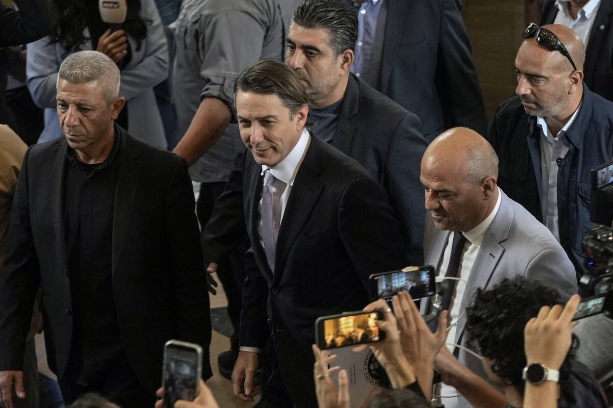 Amos Hochstein, center, a senior adviser to President Joe Biden, arrives ahead of a meeting wit ...