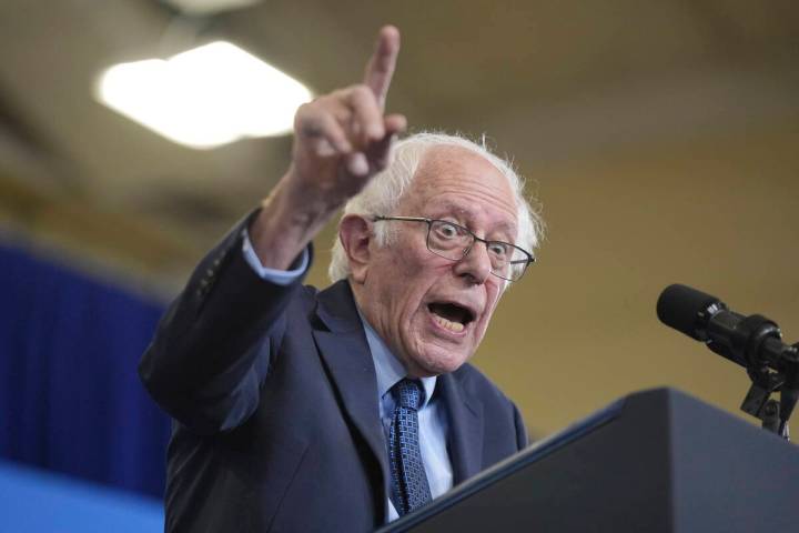 Sen. Bernie Sanders, I-Vt., speaks before President Joe Biden arrives to deliver remarks on low ...