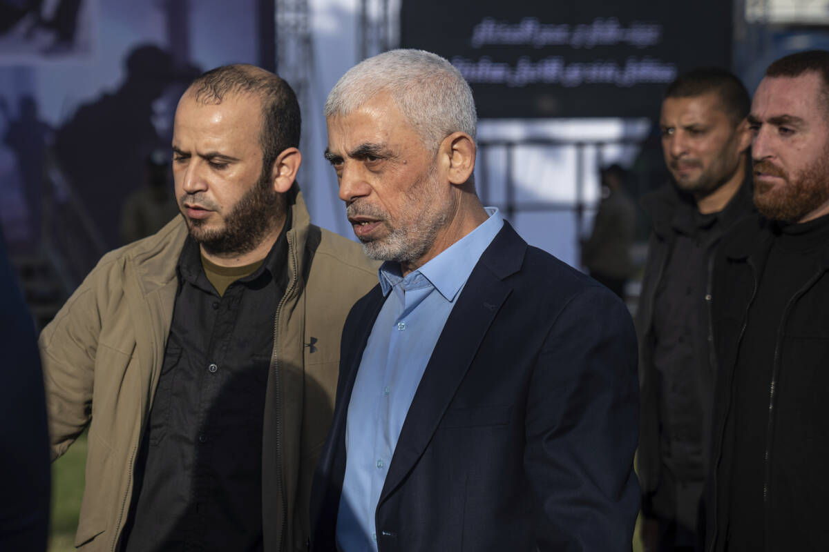 Yehiyeh Sinwar, head of Hamas in Gaza, attends a rally marking "Jerusalem Day," or Al-Quds Day, ...