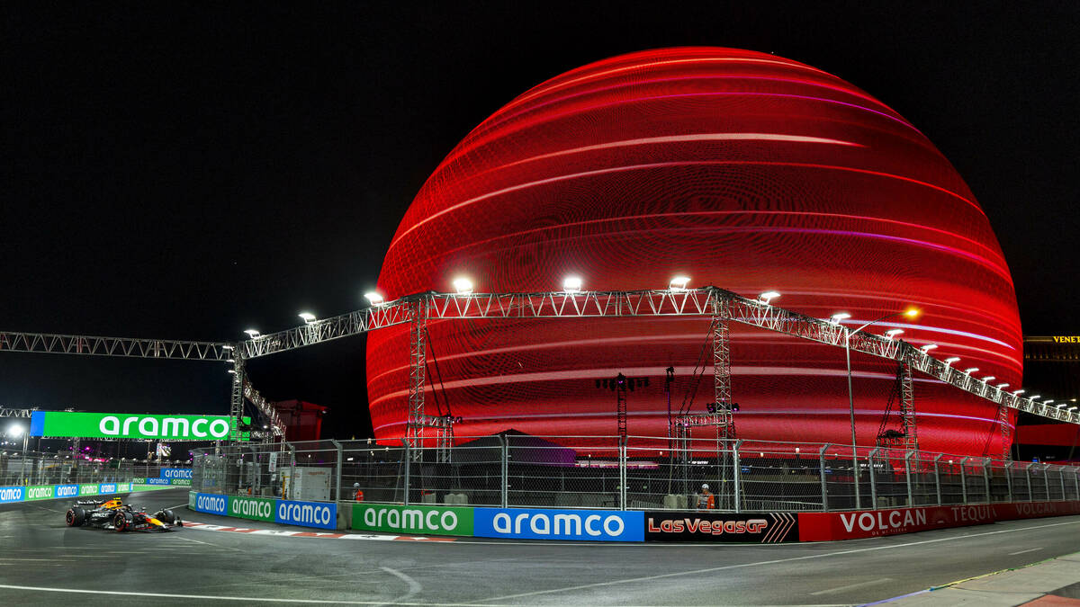 Red Bull driver Sergio Perez turns the corner at the Sphere during the first Formula One openin ...