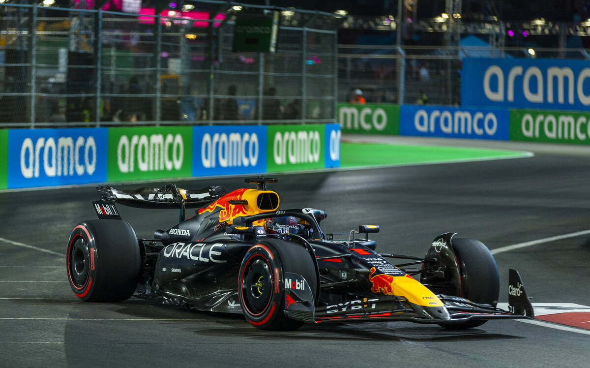 Red Bull driver Max Verstappen turns a corner at the Sphere during the first Formula One openin ...