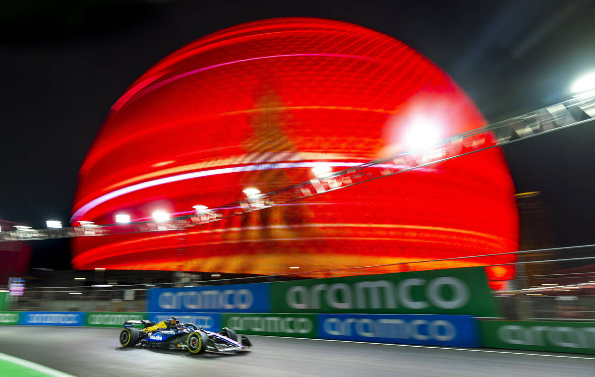 Williams driver Alex Albon turns a corner at the Sphere during the first Formula One opening pr ...