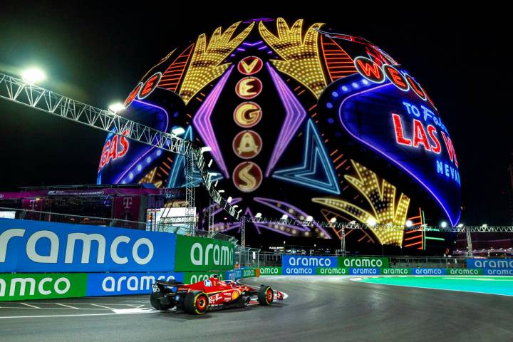 Ferrari driver Charles Leclerc navigates turns about the Sphere during the Formula One opening ...