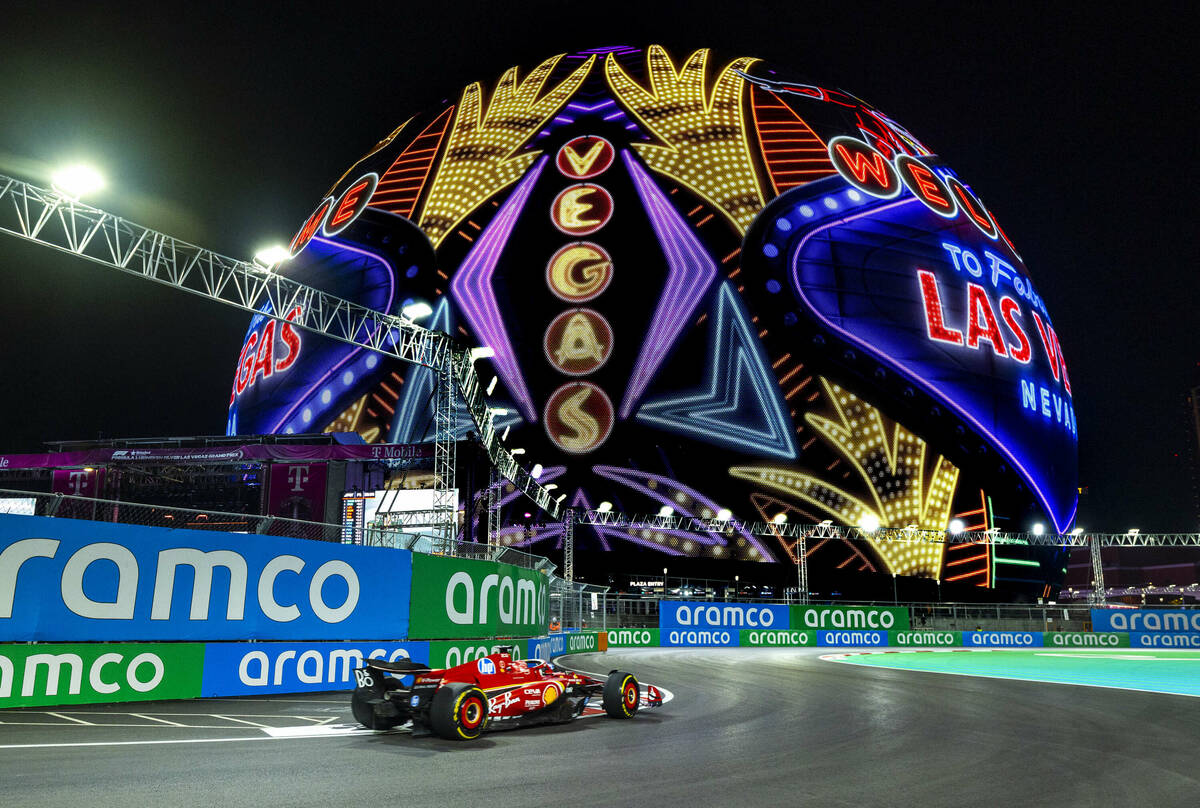 Ferrari driver Charles Leclerc navigates turns about the Sphere during the Formula One opening ...