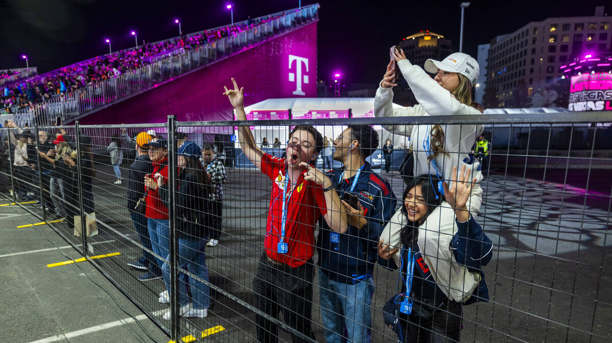 Fans watch about the stands about the Sphere during the Formula One opening practice session of ...