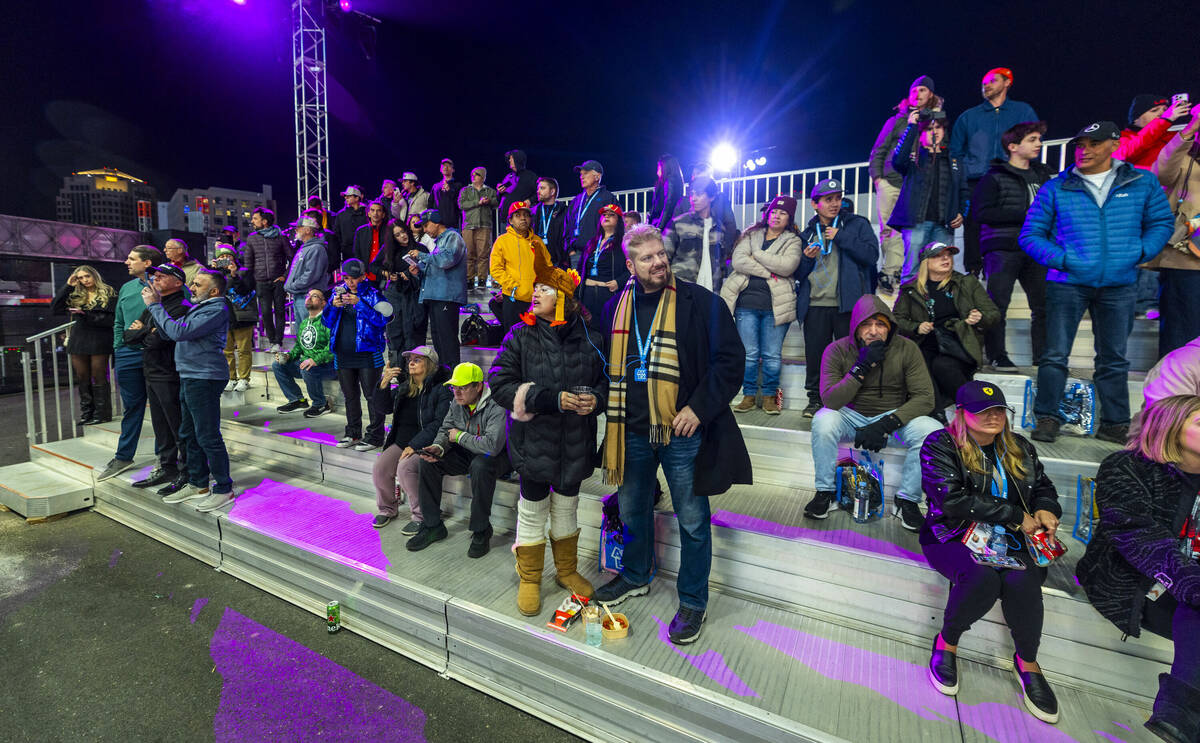 Fans watch from the stands about the Sphere during the Formula One opening practice session of ...