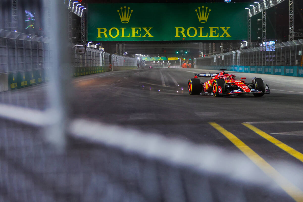 Formula 1 Ferrari driver Charles Leclerc speeds down the circuit during the first open practice ...