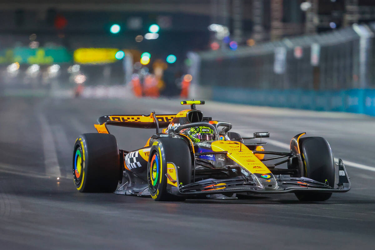 Formula 1 McLaren driver Lando Norris zooms by during the first open practice ahead of the Form ...