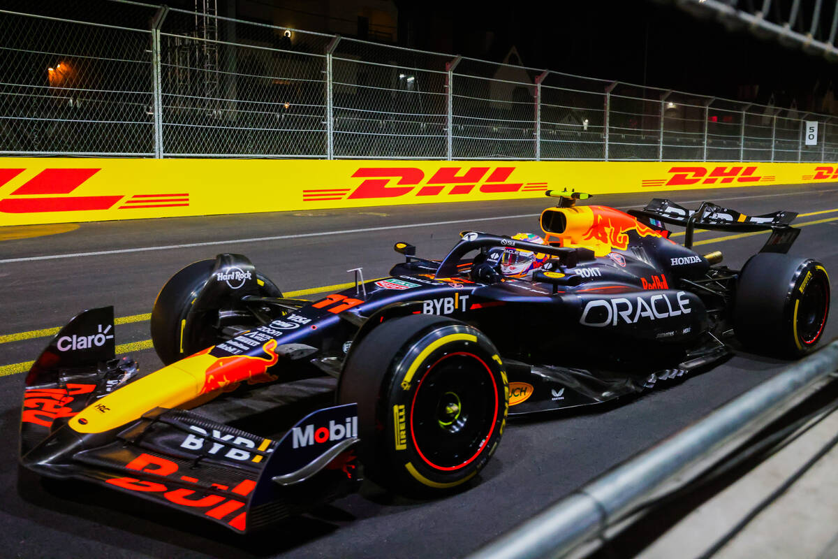 Formula 1 Red Bull Racing driver Sergio Perez speeds down the circuit during the second practic ...