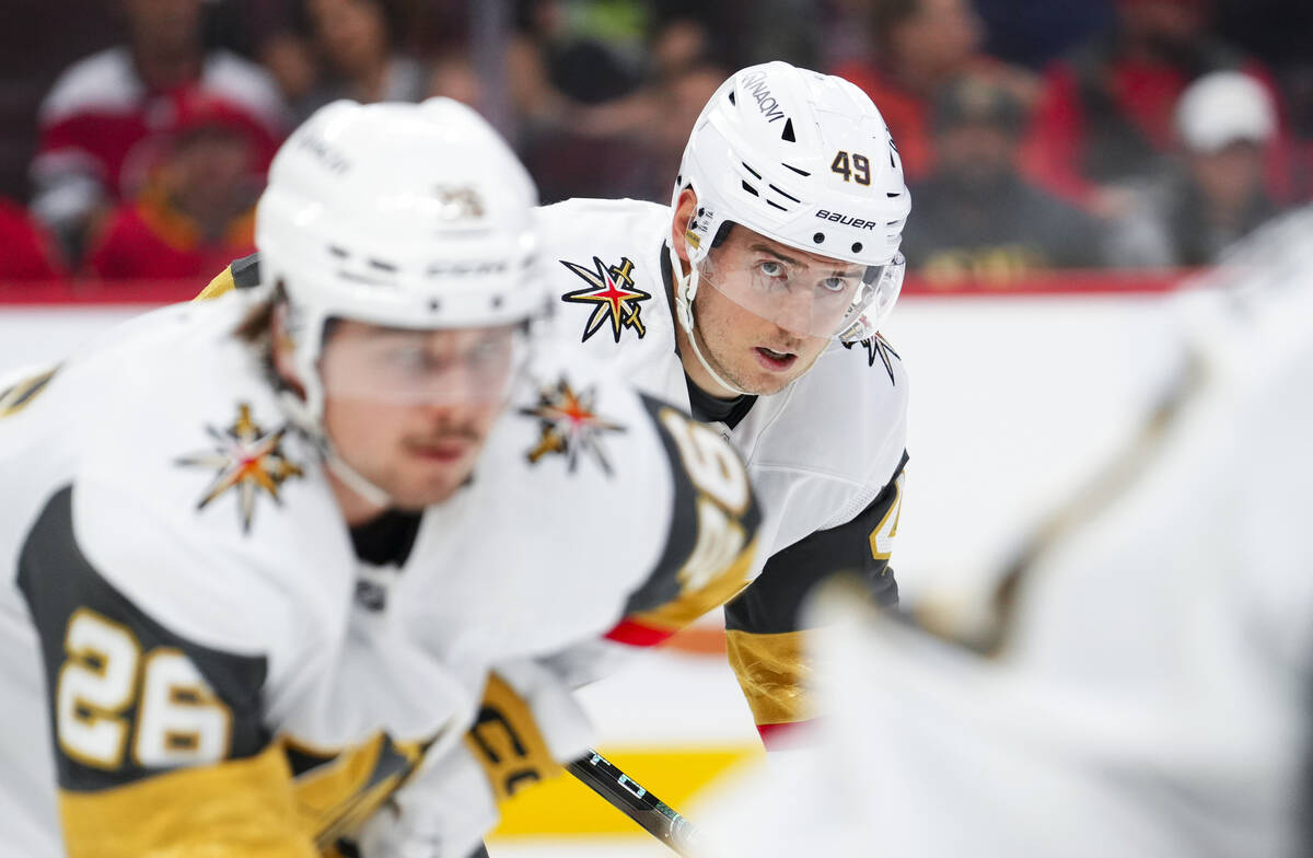 Vegas Golden Knights centre Ivan Barbashev (49) lines up for a face-off while taking on the Ott ...