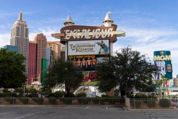 New York New York, left, Excalibur hotel and casino and MGM Grand are seen Thursday, Sept. 14, ...