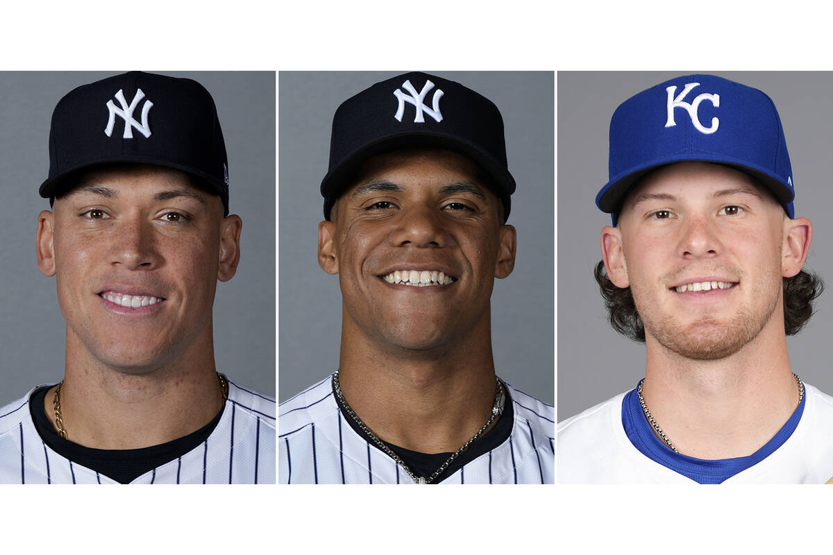 FILE - From left are baseball players, New York Yankees' Aaron Judge, New York Yankees ' Juan S ...