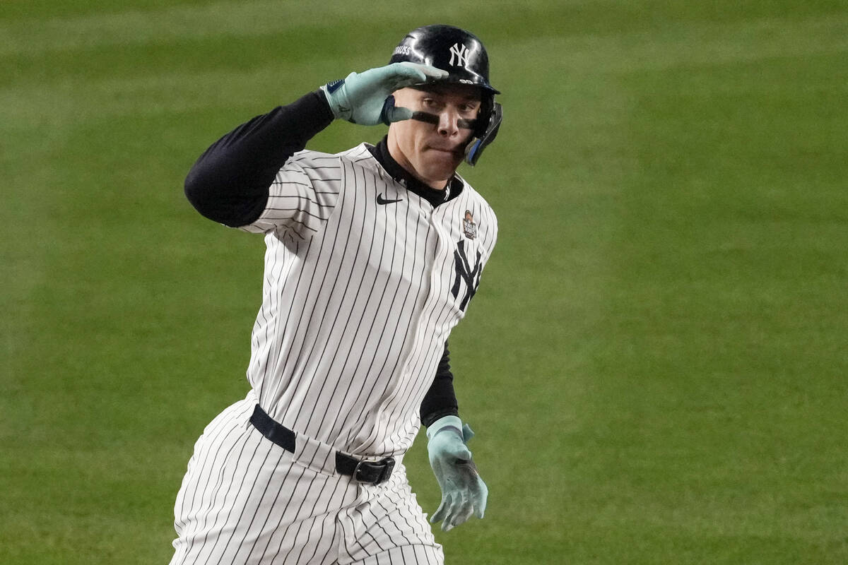 New York Yankees' Aaron Judge rounds the bases after a two-run home run against the Los Angeles ...