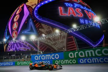 Formula 1 McLaren driver Lando Norris speeds by the Sphere during a free practice ahead of the ...