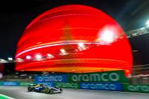 Williams driver Alex Albon turns a corner at the Sphere during the first Formula One opening pr ...