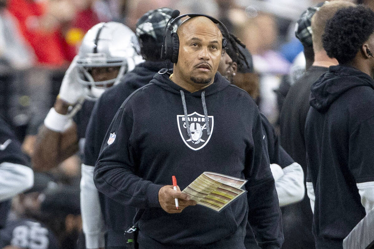 Raiders head coach Antonio Pierce on the sideline during the first half of an NFL game against ...