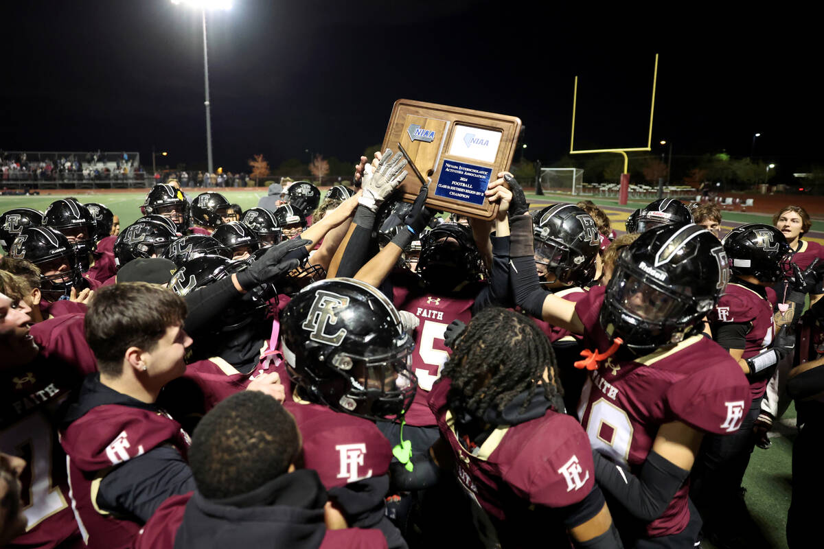 Faith Lutheran celebrates beating Shadow Ridge in their NIAA Class 5A Division II Southern Leag ...