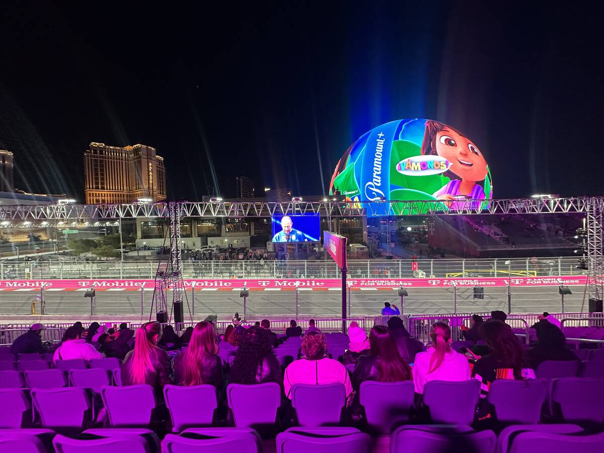 A view of Sphere and is shown from the grandstands at T-Mobile Zone at Sphere during F1 Las Veg ...