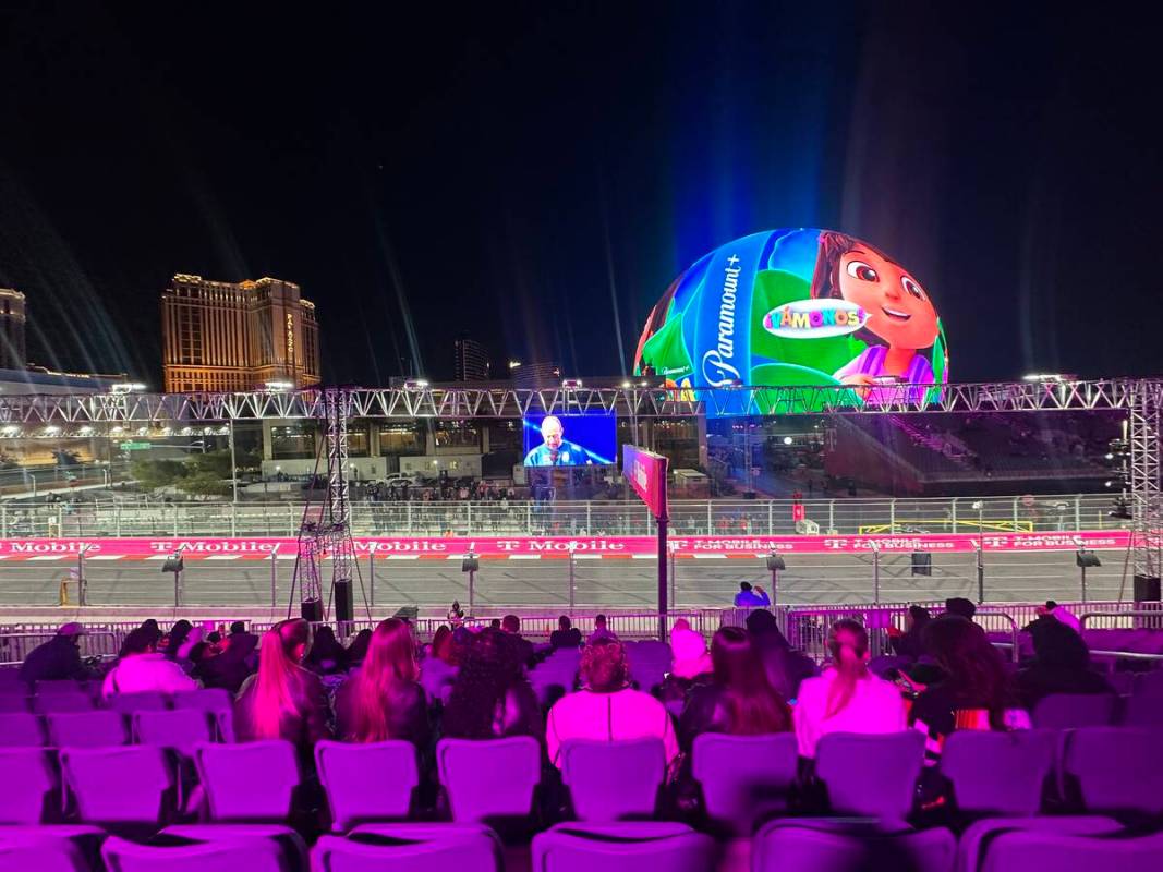 A view of Sphere and is shown from the grandstands at T-Mobile Zone at Sphere during F1 Las Veg ...