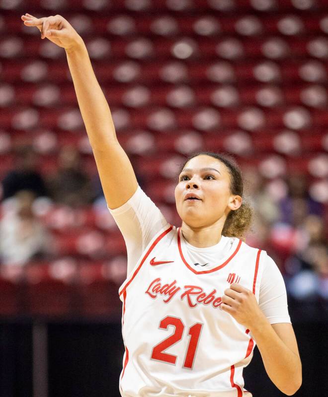 UNLV forward McKinna Brackens (21) watches her shot go to the basket during the college basketb ...