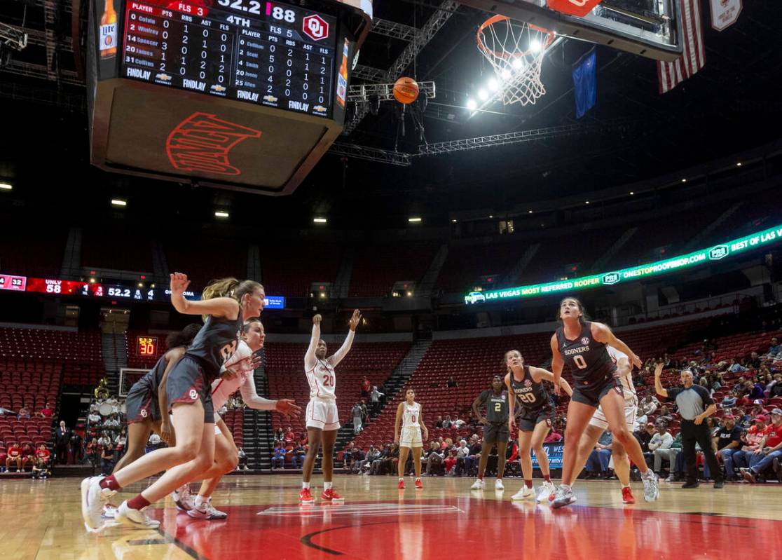 UNLV forward Macie James (20) shoots a free throw during the college basketball game against th ...