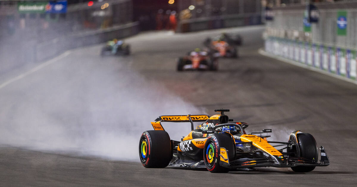 McLaren driver Oscar Piastri breaks hard into turn one during the third practice round for the ...