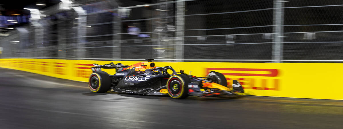 Red Bull Racing driver Max Verstappen turns along E. Harmon Avenue during the third practice ro ...