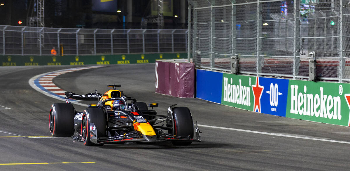 Red Bull Racing driver Max Verstappen turns onto the front straightaway during the third practi ...