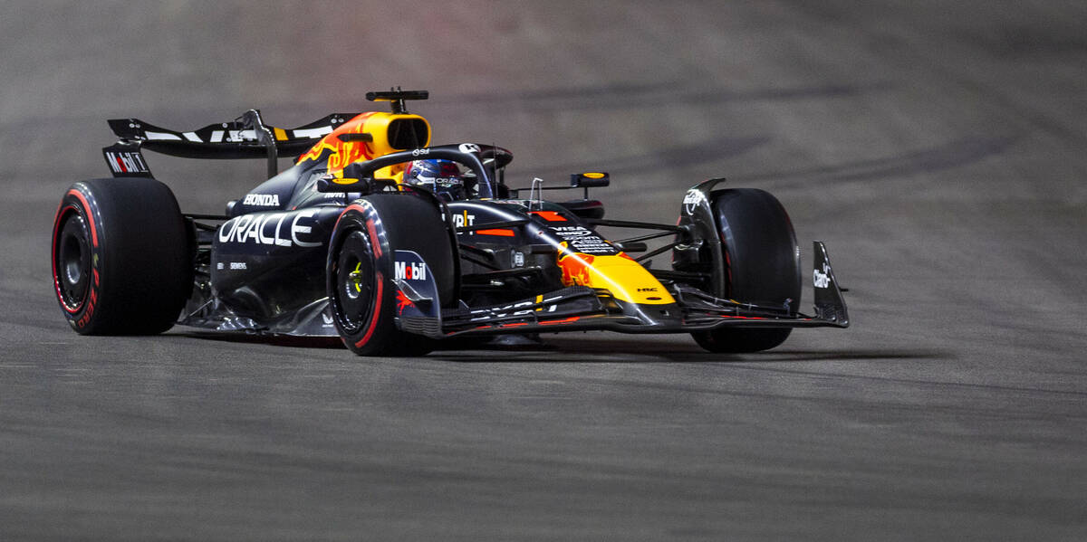 Red Bull Racing driver Max Verstappen navigates turn one during the third practice round for th ...