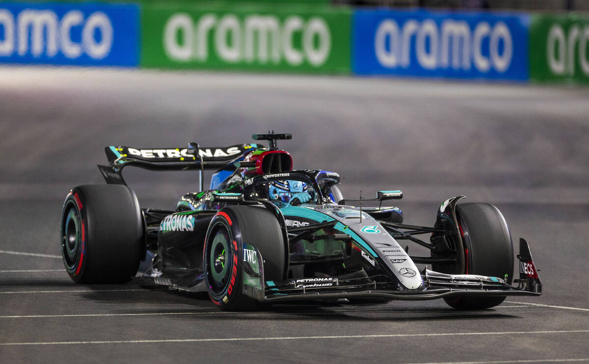 Mercedes driver George Russell on his way to the pole position during the qualifying round for ...