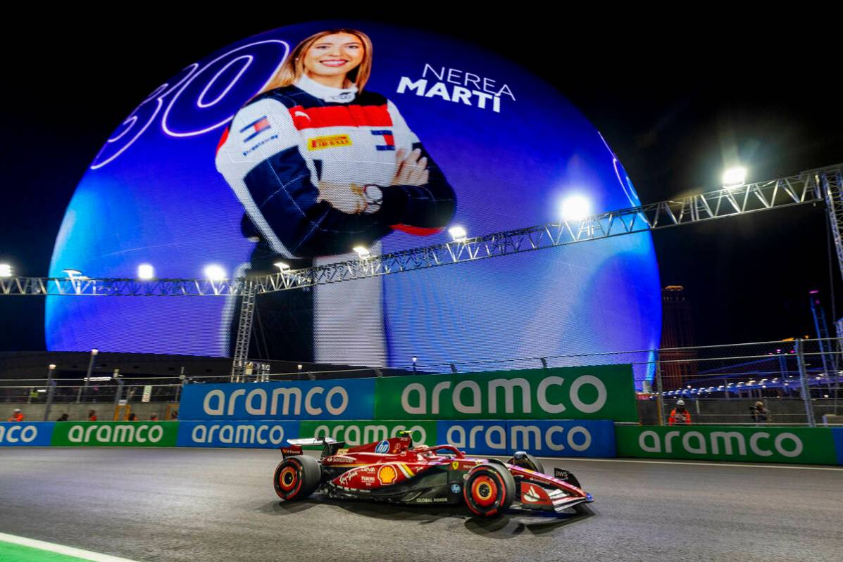 Ferrari driver Carlos Sainz around the MSG Sphere on his way to second during the qualifying ro ...