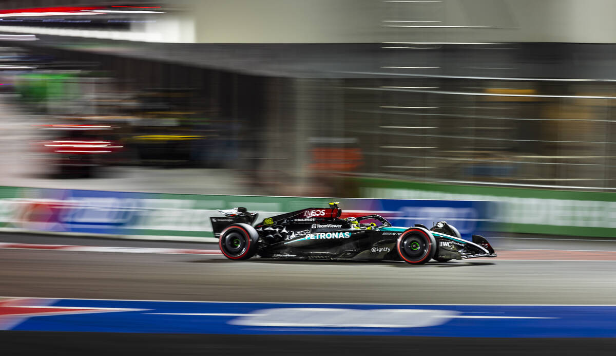 Mercedes drive Lewis Hamilton during the qualifying round for the Formula 1 Las Vegas Grand Pri ...