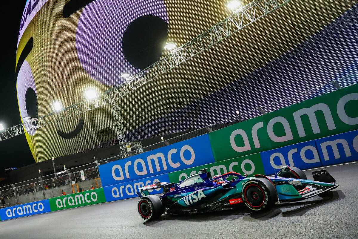 Formula 1 Alpine driver Esteban Ocon speeds past the Sphere during a free practice ahead of the ...