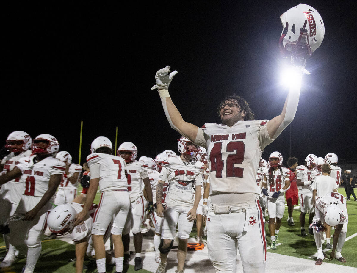 Arbor View linebacker Christian Thatcher (42) celebrates after defeating Coronado 28-21 at Coro ...