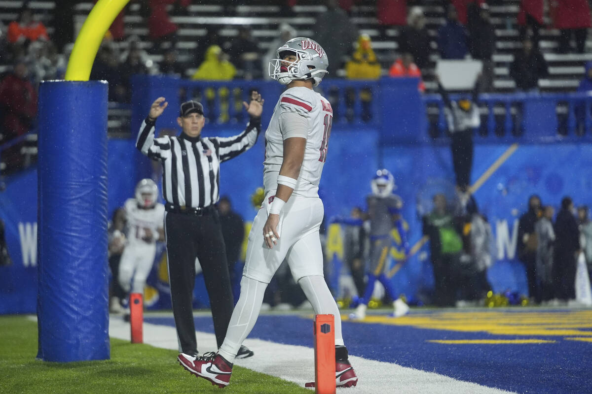 UNLV tight end Kaleo Ballungay reacts after scoring a touchdown against San Jose State during t ...