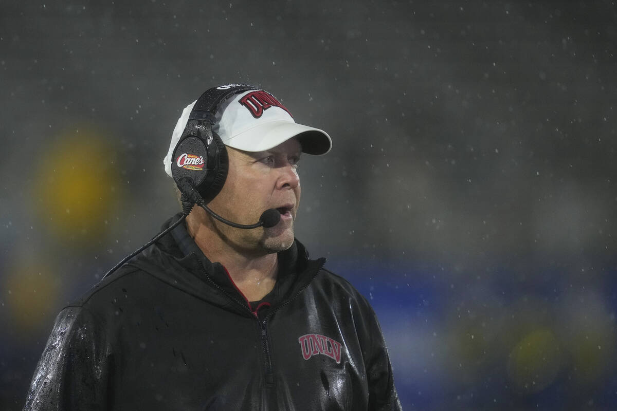 UNLV head coach Barry Odom watches during the second half of an NCAA college football game agai ...