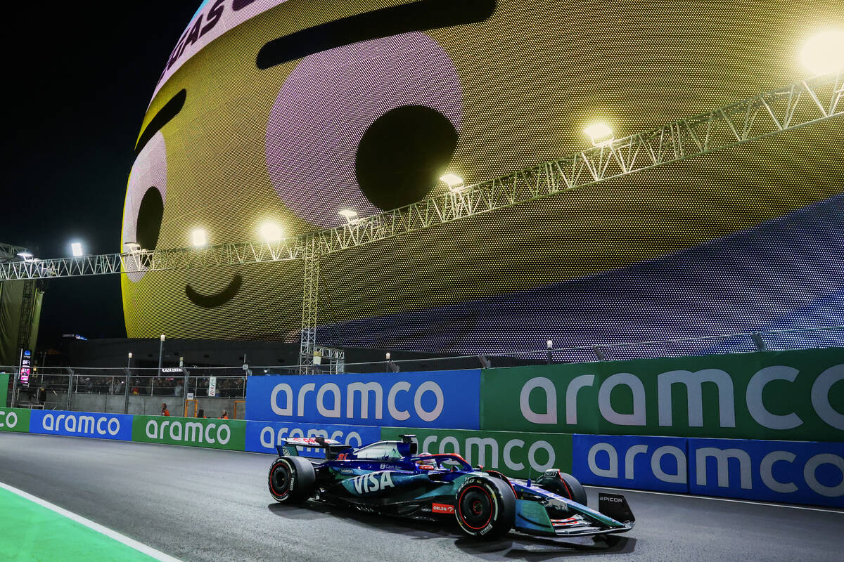 Formula 1 Alpine driver Esteban Ocon speeds past the Sphere during a free practice ahead of the ...