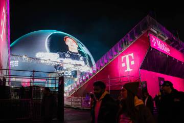 Formula 1 driver George Russell is shown on the sphere from the T-Mobile fan zone during a Form ...