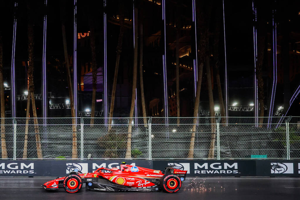 Formula 1 Ferrari driver Carlos Sainz works the circuit during the Formula 1 Las Vegas Grand Pr ...