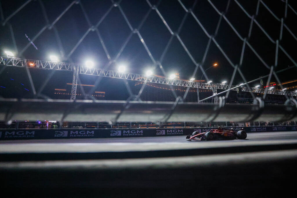 Formula 1 Ferrari driver Carlos Sainz navigates the circuit during the Formula 1 Las Vegas Gran ...