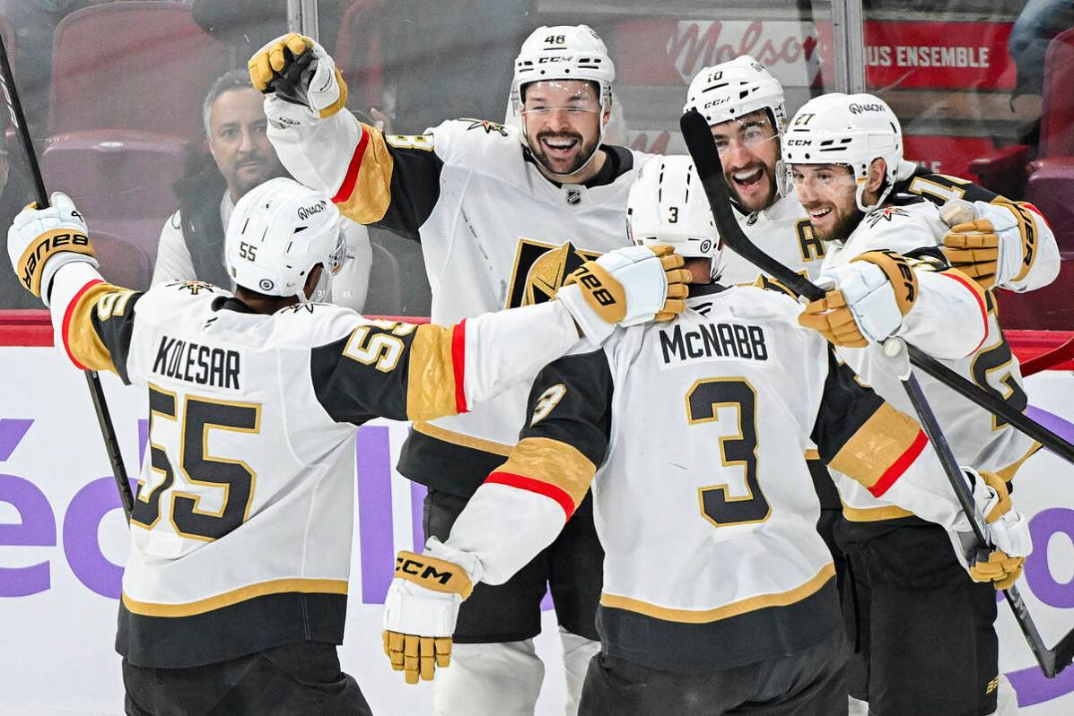 Vegas Golden Knights' Tomas Hertl (48) celebrates with teammates after scoring against the Mont ...